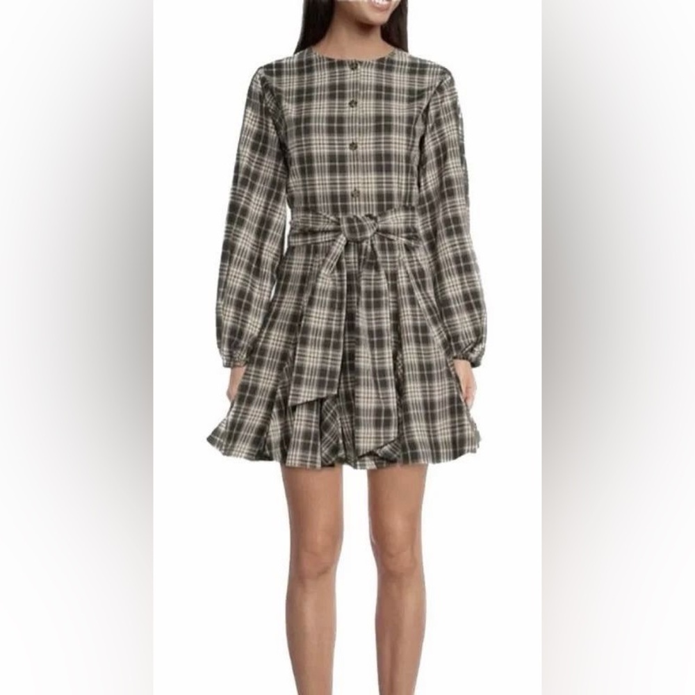 Gianni Bini Plaid Long Puff Sleeve Dress with Tie